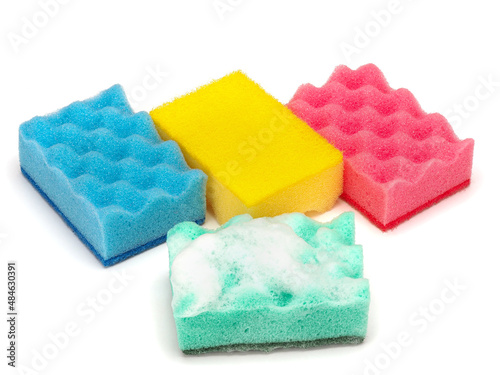 Colored sponges for washing dishes and other domestic needs.