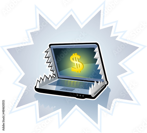 Opened the laptop. Icon gold dollar glows on the screen. The laptop is depicted as a trap with bait. The concept of phishing, dishonest commerce and hacker attacks