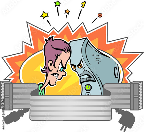 Human vs computer. They bang their heads. The concept of collision human and artificial intelligence.