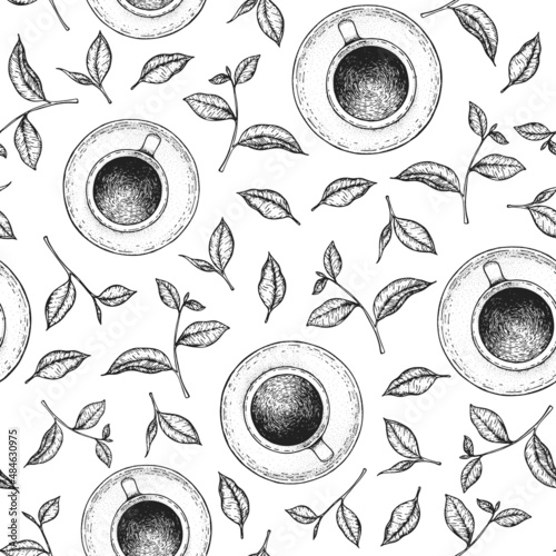 Tea seamless pattern. Hand drawn tea leaf and cup vector illustration. Vintage packaging design. Engraved style.