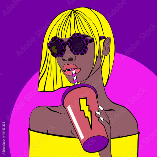 Pop art image of sexy blonde girl with cocktail