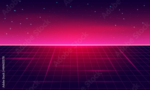 Retro Sci-Fi Background Futuristic Grid landscape , 90's . Horizontal matrix grid in space with stars in the background.