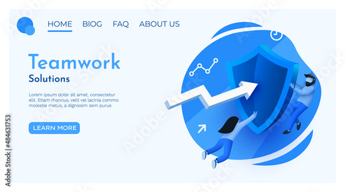 People fly around shield. Security, protection or confidentiality concept. Landing page website template.