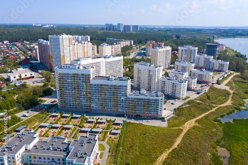 Top view of modern high-rise buildings in an ecologically clean area of the city. View from above. Russia