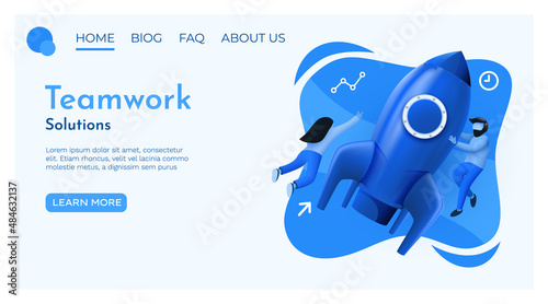 People fly around launching rocket. Startup, project launch or innovation concept. Landing page website template.