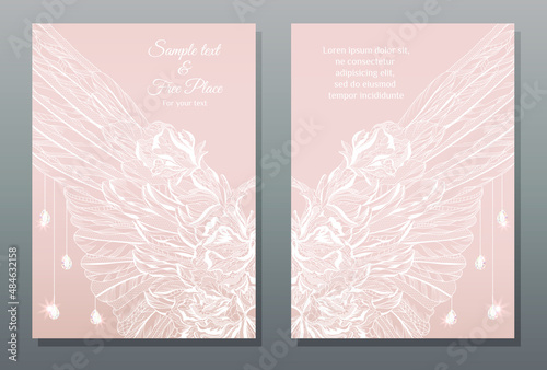 invitation template. Lace, wing, pomegranate flowers
