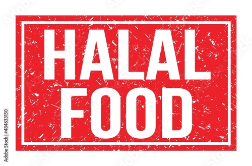 HALAL FOOD, words on red rectangle stamp sign