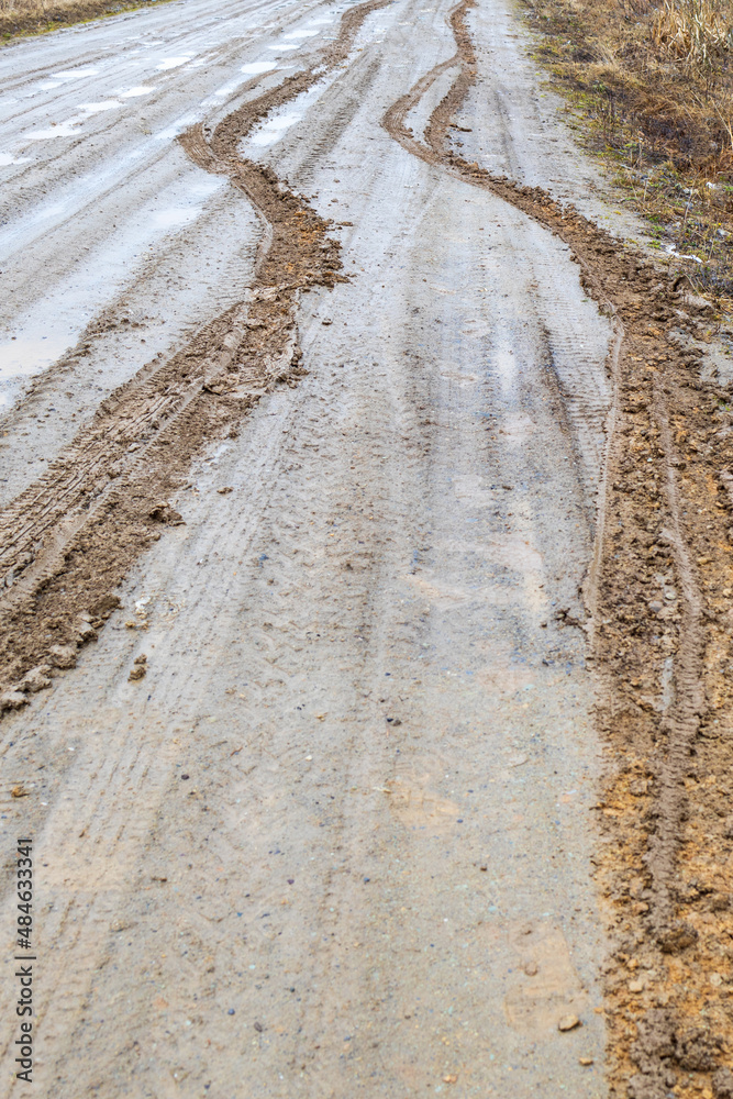 traces of a passing car on a dirty dirt road. bad road