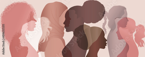 Communication group of multicultural diversity women and girls - face silhouette profile. Female social network community of diverse culture. Racial equality.Friendship. Colleagues.Speak photo