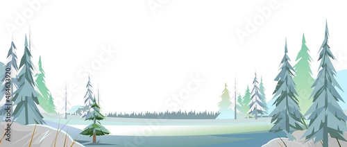 Winter Forest Vector. Snowy Coniferous Trees Landscape. Snow drifts. Divided thick pine thickets. Foggy frosty horizon. Illustration in cartoon style flat design Isolated on white background