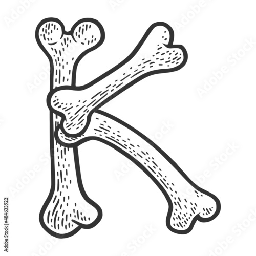 letter K made of bones sketch engraving vector illustration. Bones font. T-shirt apparel print design. Scratch board imitation. Black and white hand drawn image.