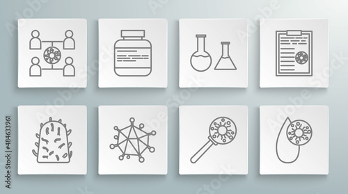Set line Rabies virus, Medicine bottle and pills, Virus, under magnifying glass, Blood test, Test tube flask, Clipboard with blood results and spread icon. Vector