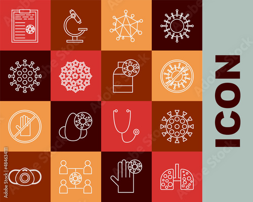 Set line Virus cells in lung, Stop virus, Clipboard with blood test results and Bottle icon. Vector
