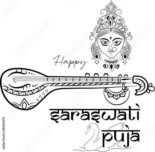 The goddess of knowledge sitting with musical instrument in white background