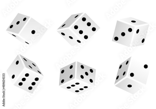 Realistic 3d rolling dice for casino gambling games set of casino craps, poker and tabletop board games Isolated white play dice cubes with black dots or pips in different positions, entertainment