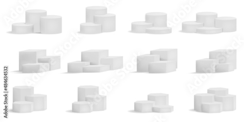 3d white square and round podium platforms for product showroom. Pedestal and platform, stand stage, cylinder. Round empty stages and podium stairs