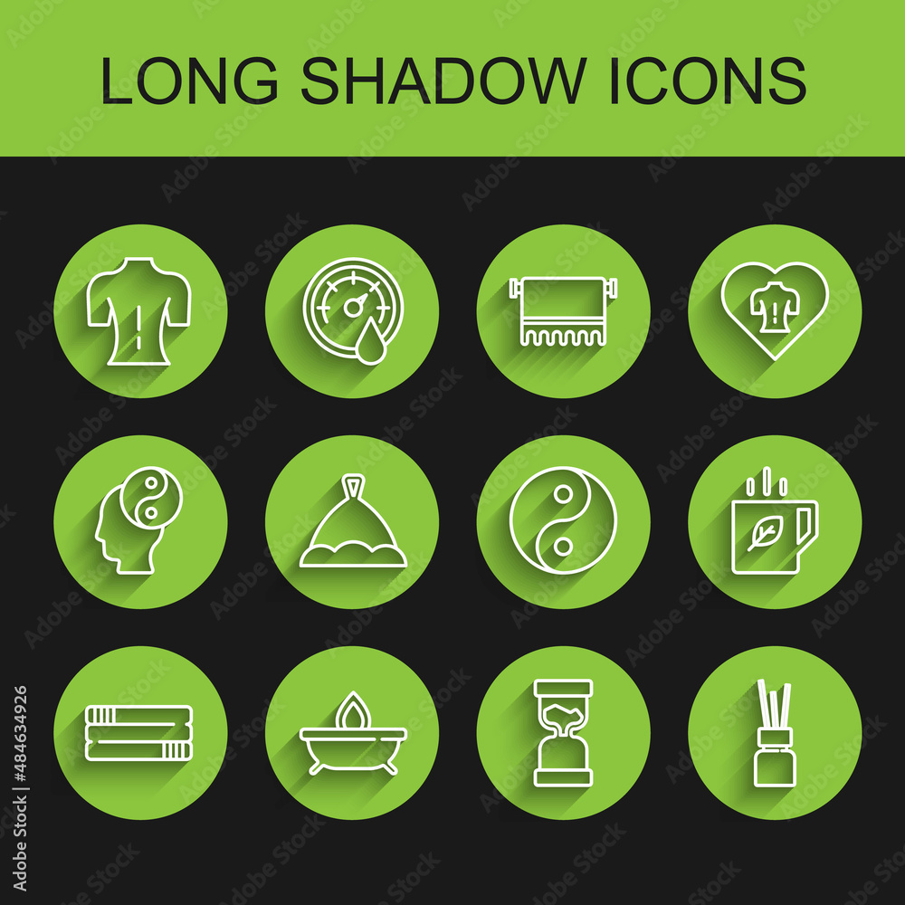 Set line Towel stack, Aroma candle, Massage, Old hourglass, diffuser, Sauna hat, Cup of tea leaf and Yin Yang icon. Vector Set line Towel stack, Aroma candle, Massage, Old hourglass, diffuser, Sauna hat, Cup of tea leaf and Yin Yang icon. Vector