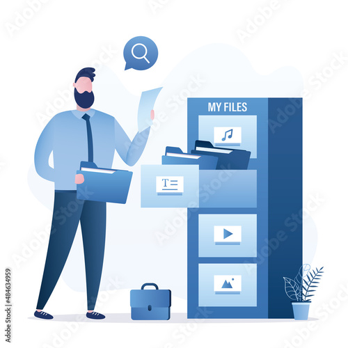 File management. Quick files or media content search. Documents archiving, data storage. Businessman or clerk uses large database. Hosting system, cloud service. Open drawer with folders.