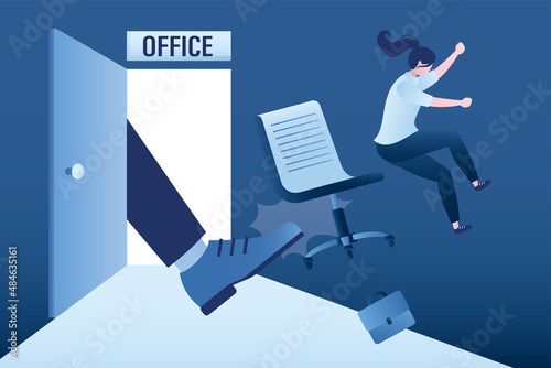 Open office door, female employee kicked out of work. Dismissal of staff. Unemployment, concept. Staff reduction, fired manager. Unhappy businesswoman flying with chair and briefcase.