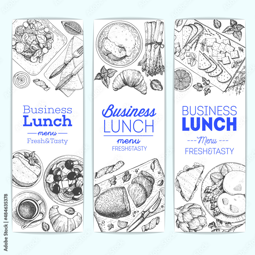 Lunch banner collection. Food menu design. Cafe menu. Vintage hand drawn sketch vector illustration.
