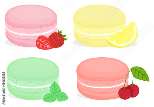 Colorful macaroons flavors. Macaroon cookies isolated on white background. Sweet and tasty vector template for cooking and restaurant menu.