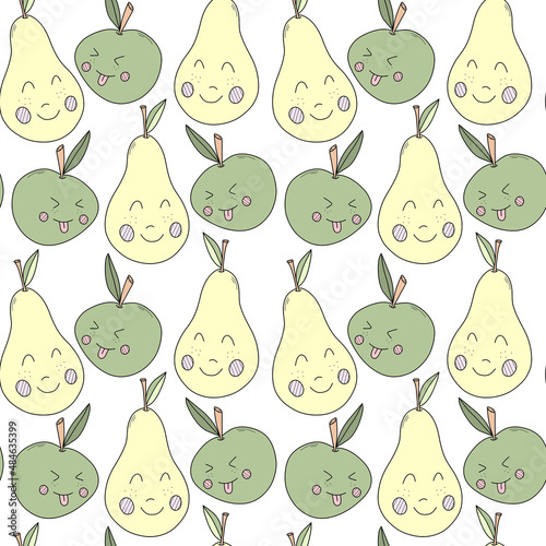 Yellow paer  and green apple.  Fruit pattern. Funny fruits. Print for children's clothing. Seamless pattern.  photo