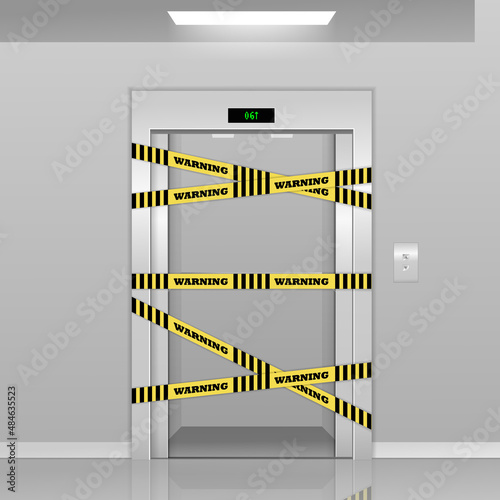 Realistic 3d broken elevators on repair with warning yellow tape. Metal lift door with dent. Realistic vector illustration. Hall Interior in Gray Colors.