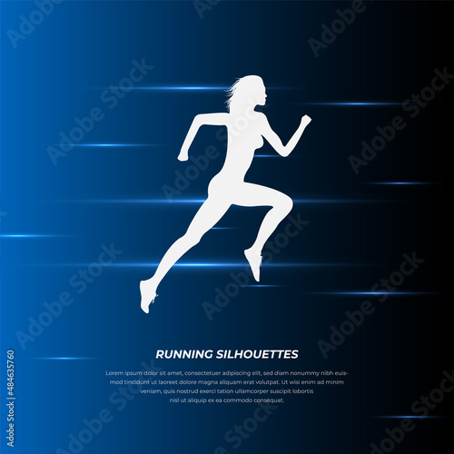 Silhouette of running woman background. Running silhouette background with neon glow lights and flash.