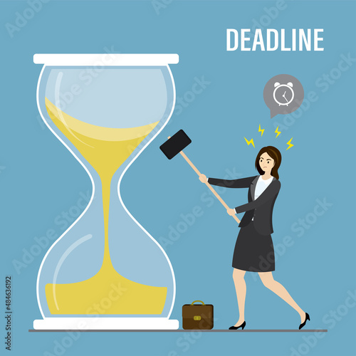 Time management, deadline, concept banner. Sad businessman breaks an hourglass with hammer. Male employee stops last countdown.