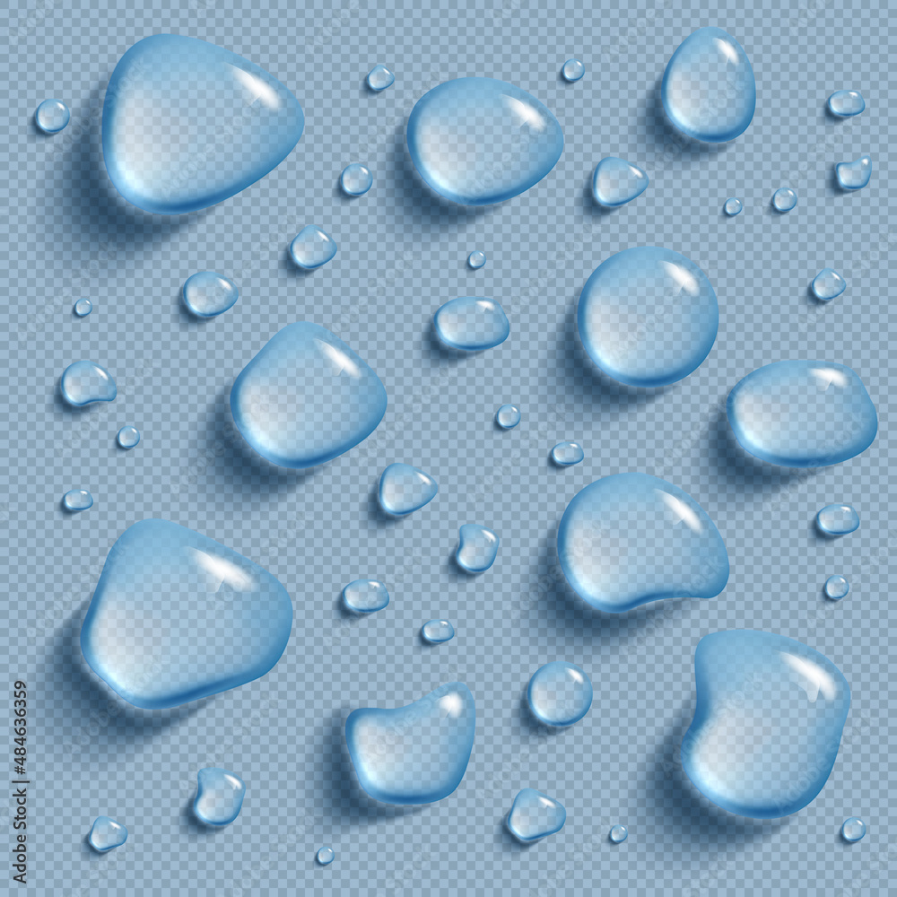 Drops of water on a transparent background. Vector realistic image