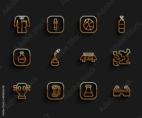 Set line Gas mask, Bacteria, Laboratory uniform, Test tube and flask, Safety goggle glasses, Gaseous and Electronic scales icon. Vector