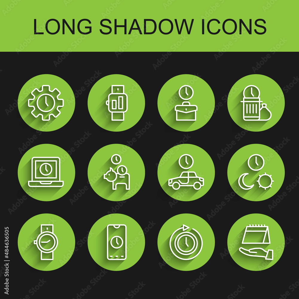 Set line Wrist watch, Alarm clock app mobile, Time Management, Clock with arrow, Calendar, Piggy bank coin, Day and night time and to travel icon. Vector Set line Wrist watch, Alarm clock app mobile, Time Management, Clock with arrow, Calendar, Piggy bank coin, Day and night time and to travel icon. Vector