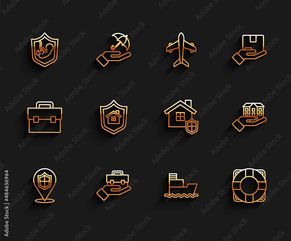 Set line Location shield, Hand holding briefcase, Life insurance with, Ship, Lifebuoy, House, hand and icon. Vector Set line Location shield, Hand holding briefcase, Life insurance with, Ship, Lifebuoy, House, hand and icon. Vector