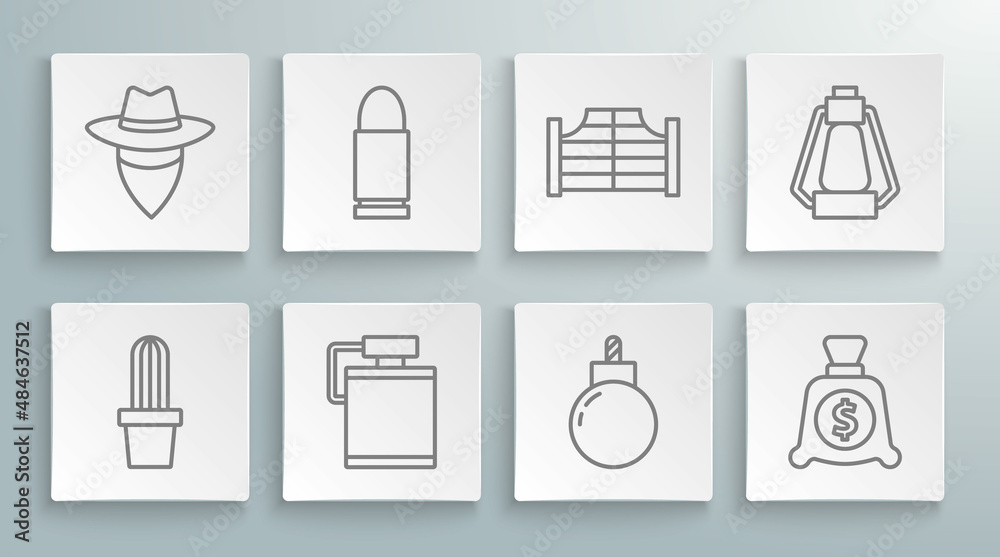 Set line Cactus peyote in pot, Bullet, Canteen water bottle, Bomb ready to explode, Money bag, Saloon door, Camping lantern and Cowboy icon. Vector Set line Cactus peyote in pot, Bullet, Canteen water bottle, Bomb ready to explode, Money bag, Saloon door, Camping lantern and Cowboy icon. Vector