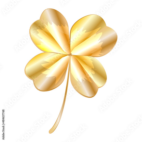 Golden clover leaf isolated on white background. Decorative golden lucky four leaf clover. Gold shiny shamrock icon. Lucky and success emblem. Saint Patricks day symbol. Irish beer festival. Vector