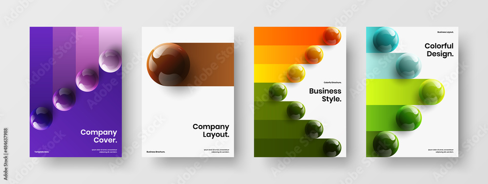 Vivid pamphlet A4 vector design illustration collection. Clean 3D spheres company brochure layout set.