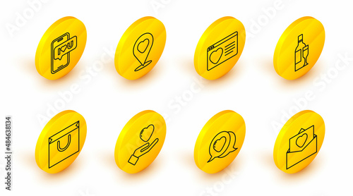 Set line Envelope with Valentine heart, Heart speech bubble, hand, Shopping bag, Champagne bottle, Dating app online, Location and Mobile icon. Vector