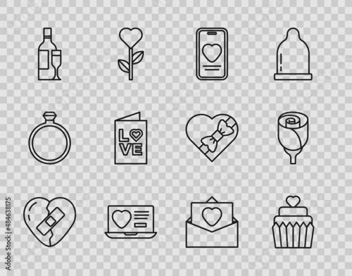 Set line Healed broken heart, Wedding cake with, Online dating app and chat, Dating online, Champagne bottle, Valentines day party flyer, Envelope and Flower rose icon. Vector