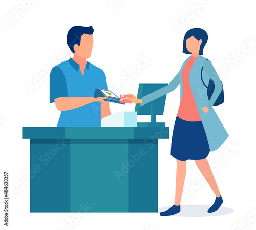 Vector of a woman paying at a register with a credit card