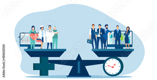 Vector of a group of medical professionals and a group of businesspeople standing on the scales