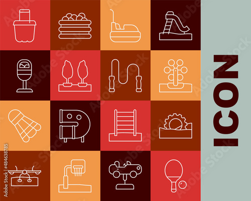 Set line Racket and ball, Ferris wheel, Bumper car, Forest, Trash can, Sand in bucket and Jump rope icon. Vector