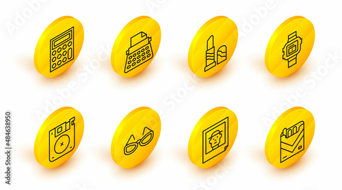 Set line Cigarettes pack box, Photo, Glasses, Floppy disk, Wrist watch, Lipstick, Retro typewriter and Calculator icon. Vector