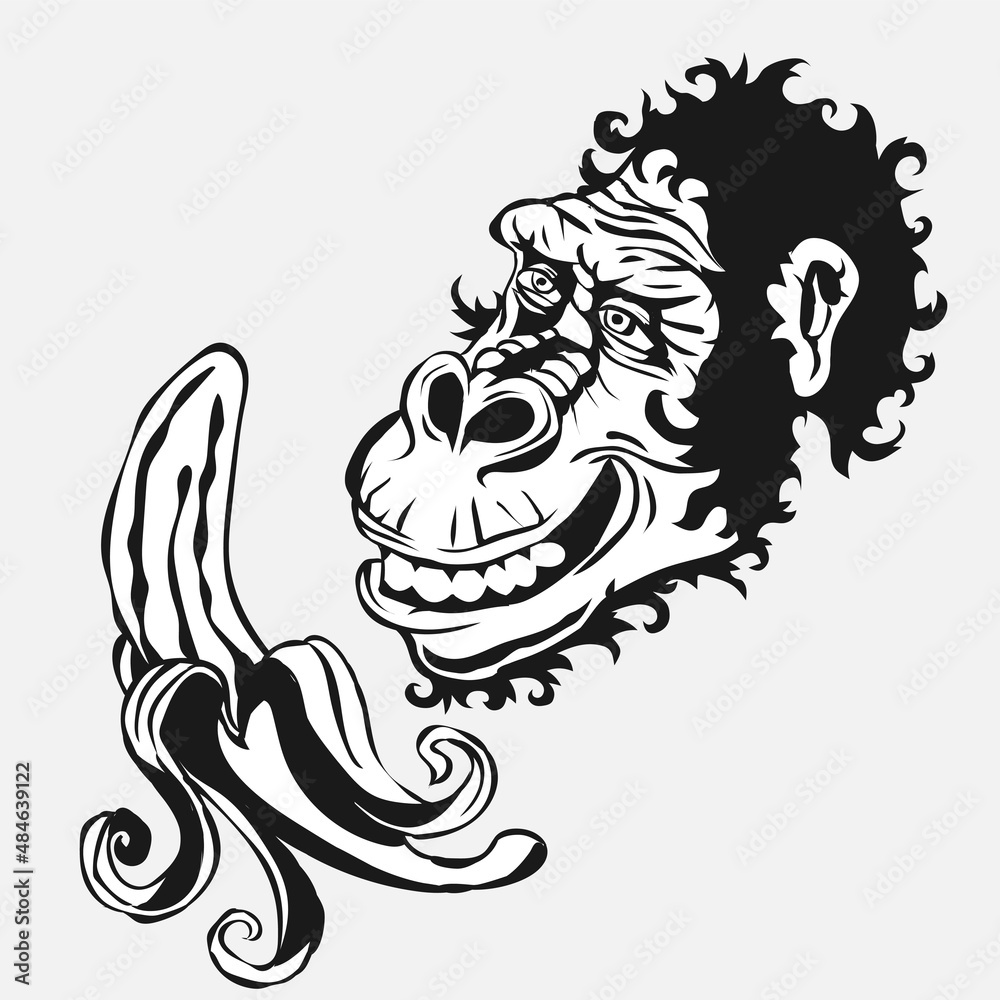 monkey head smiling bananas isolated on background vector image black silhouette line monkey head smiling bananas isolated on background vector image black silhouette line