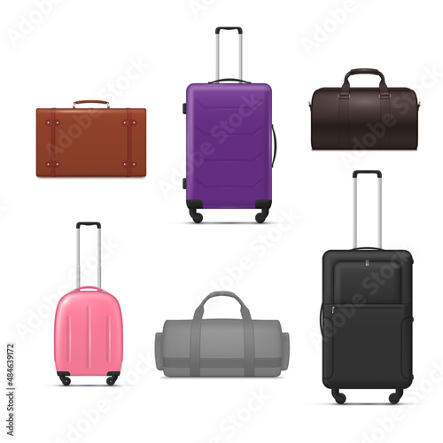 Bags and suitcases collection realistic vector illustration. Set of multicolored luggage for journey