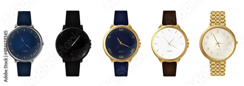 Wristwatches. Realistic luxury silver and golden men watches with modern steel bracelets fashion. 3D classic and modern business watches with chronograph, metal and leather bracelet.