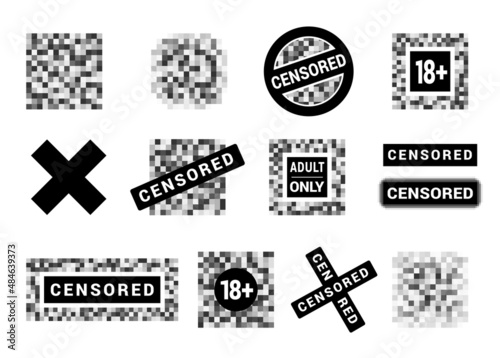 Monochrome censored mosaic pixel blur bars and crosses sign set vector flat illustration