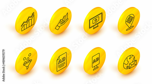 Set line Earth globe with mail, Advertising, Lead management, Target, Monitor star, Pie chart infographic and Financial growth increase icon. Vector