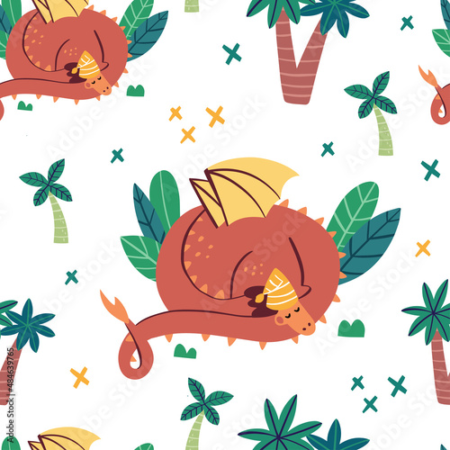 Fototapeta Naklejka Na Ścianę i Meble -  Seamless vector pattern with cute dinosaur on white background. Perfect for textiles and wrapping paper.