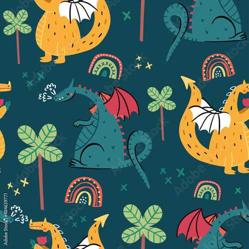 Seamless vector pattern with cute dinosaurs. Perfect for textiles and wrappin...