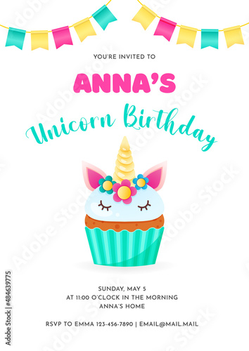 Birthday invitation card template for children party. Cute illustration of a cupcake decorated with a unicorn horn and bunting flags. Vector 10 EPS.